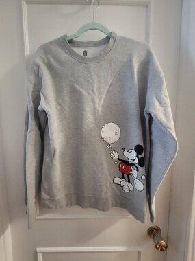 Disney Mickey Mouse Holding Balloon Graphic Crewneck Sweatshirt - Gray - Size M